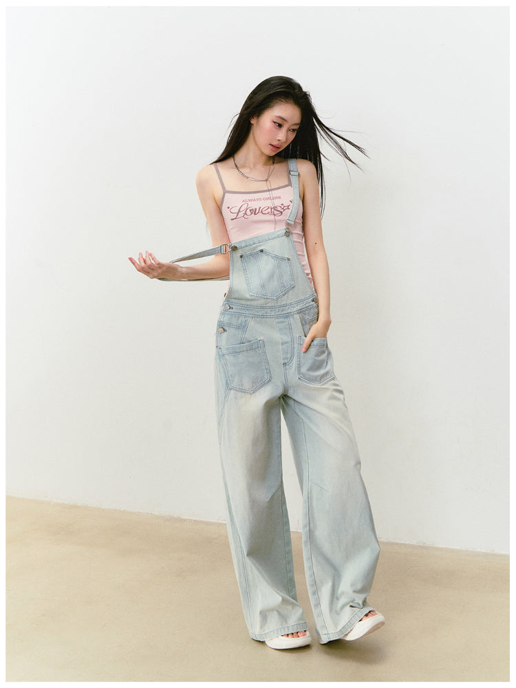 Washed Light Blue Denim Overalls - CHINASQUAD