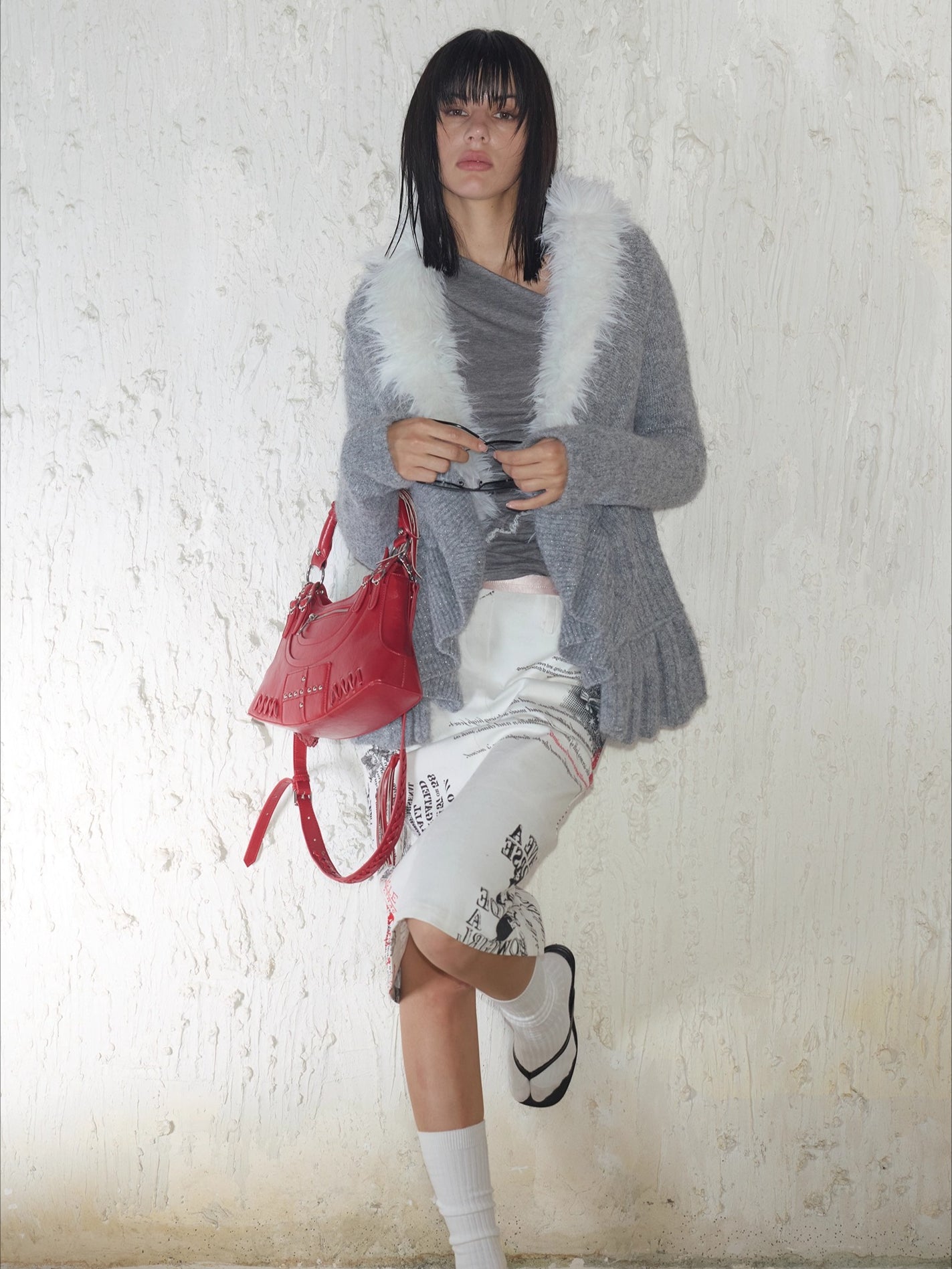 Oversized Wool-Collar Knit Cardigan Coat