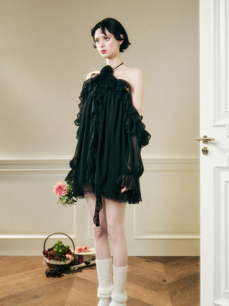 Halter Neck Off-Shoulder Ribbon Dress - CHINASQUAD