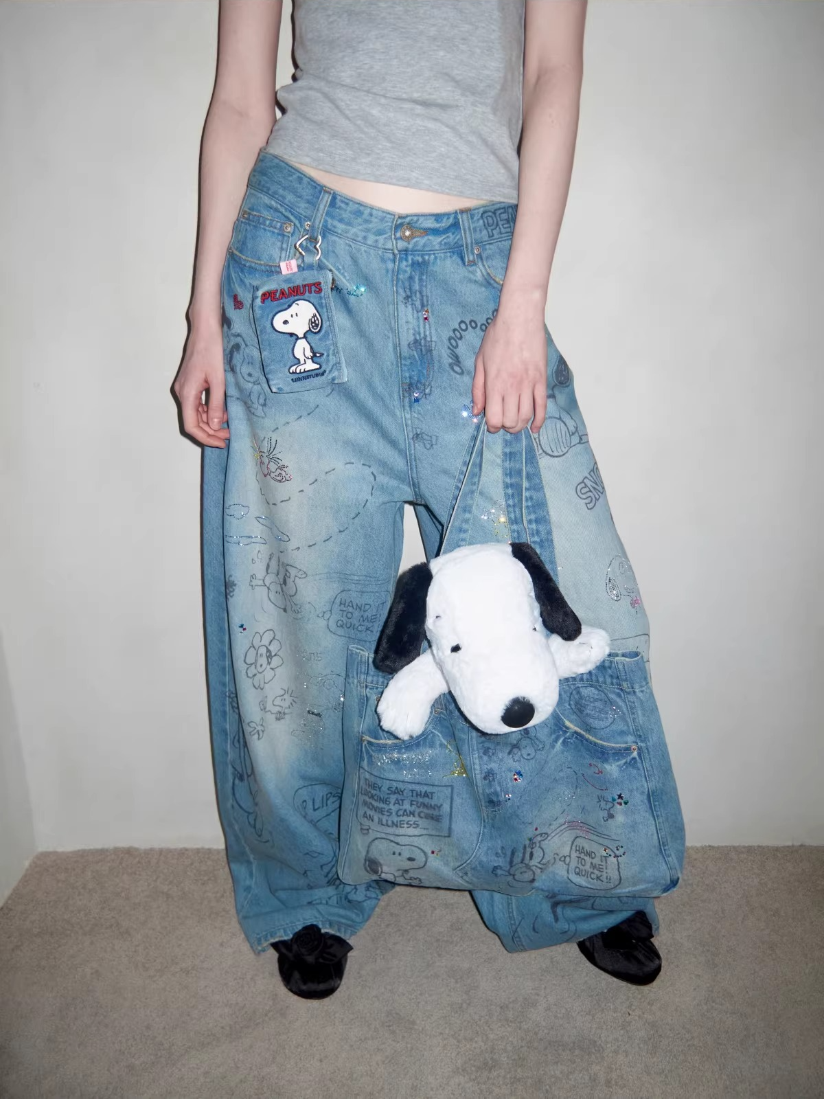 Snoopy Graffiti Crystal-Embellished Denim Tote Bag