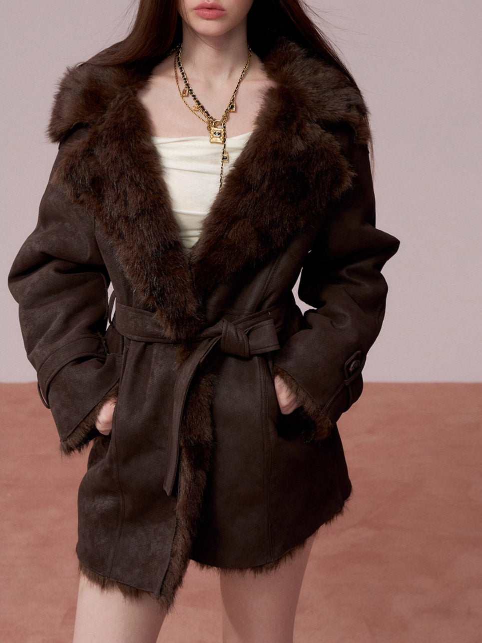 Faux Shearling-Lined PU Belted Coat