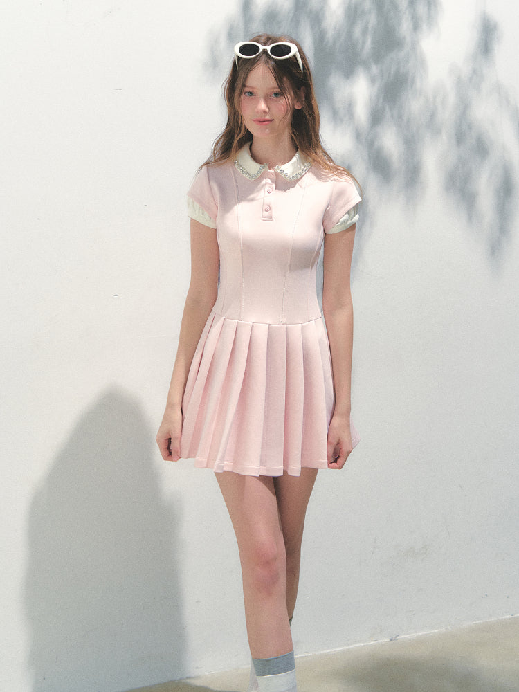 Polo Collar Rhinestone Pleated Dress - CHINASQUAD