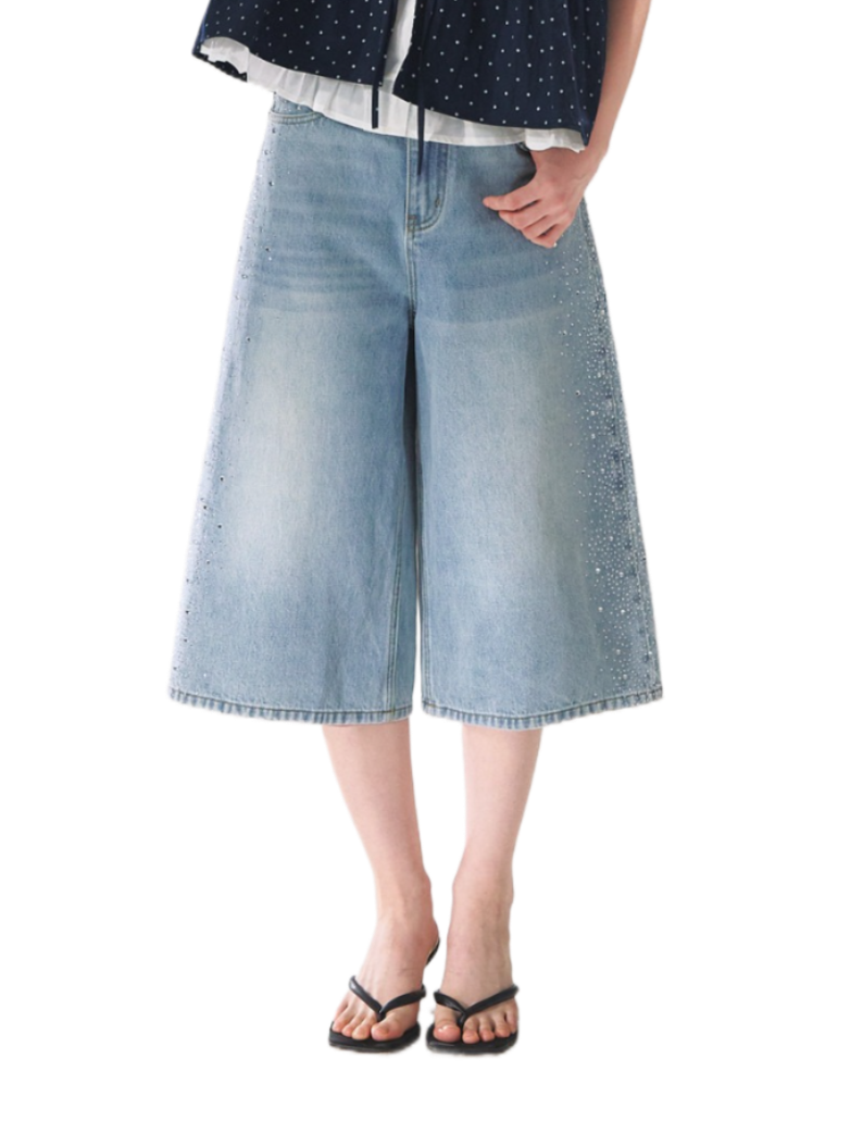 Crystal-Embellished Wide-Leg Cropped Denim Jeans