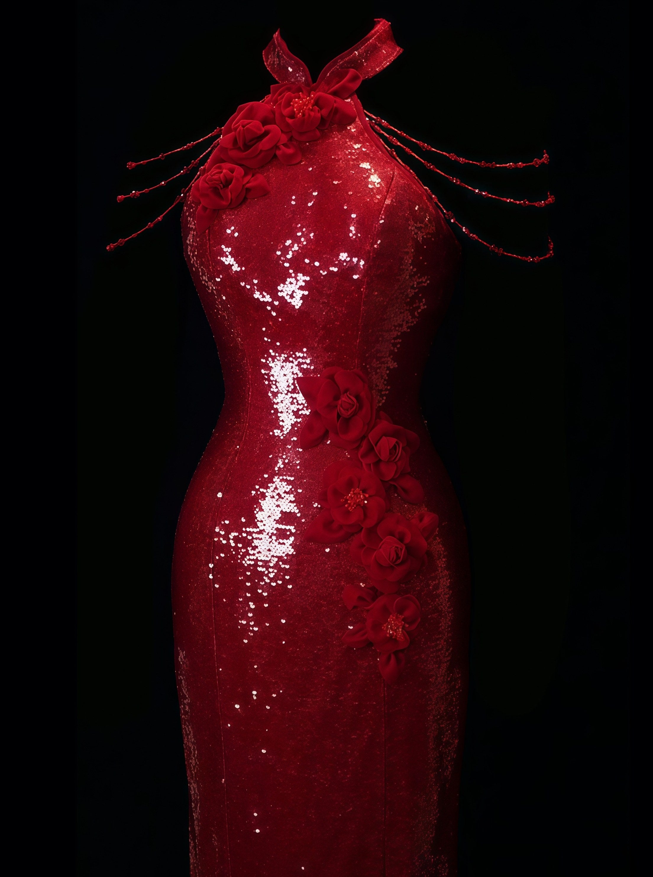 Scarlet Rosette Sequin Halter Gown