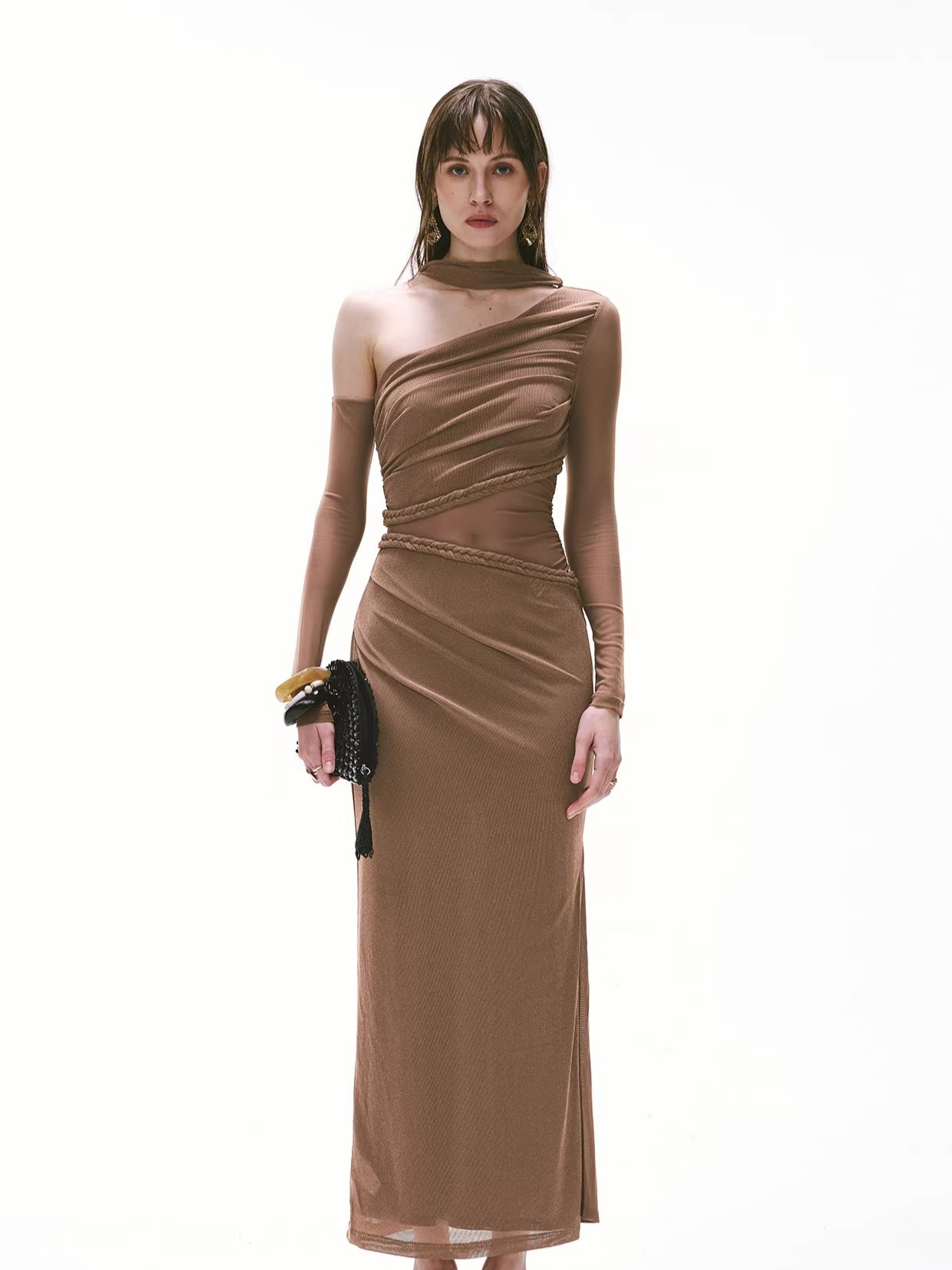 Vintage One-Shoulder Braided Ruched Maxi Dress