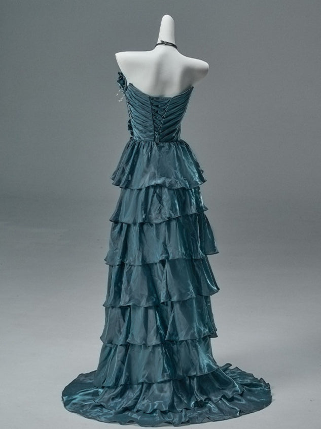 Bengi Midnight Teal Tiered Couture Gown