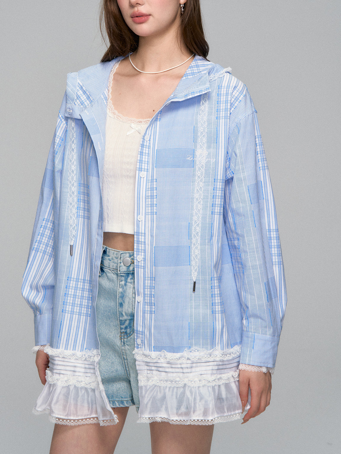 Plaid Lace-Trimmed Hooded Shirt Jacket