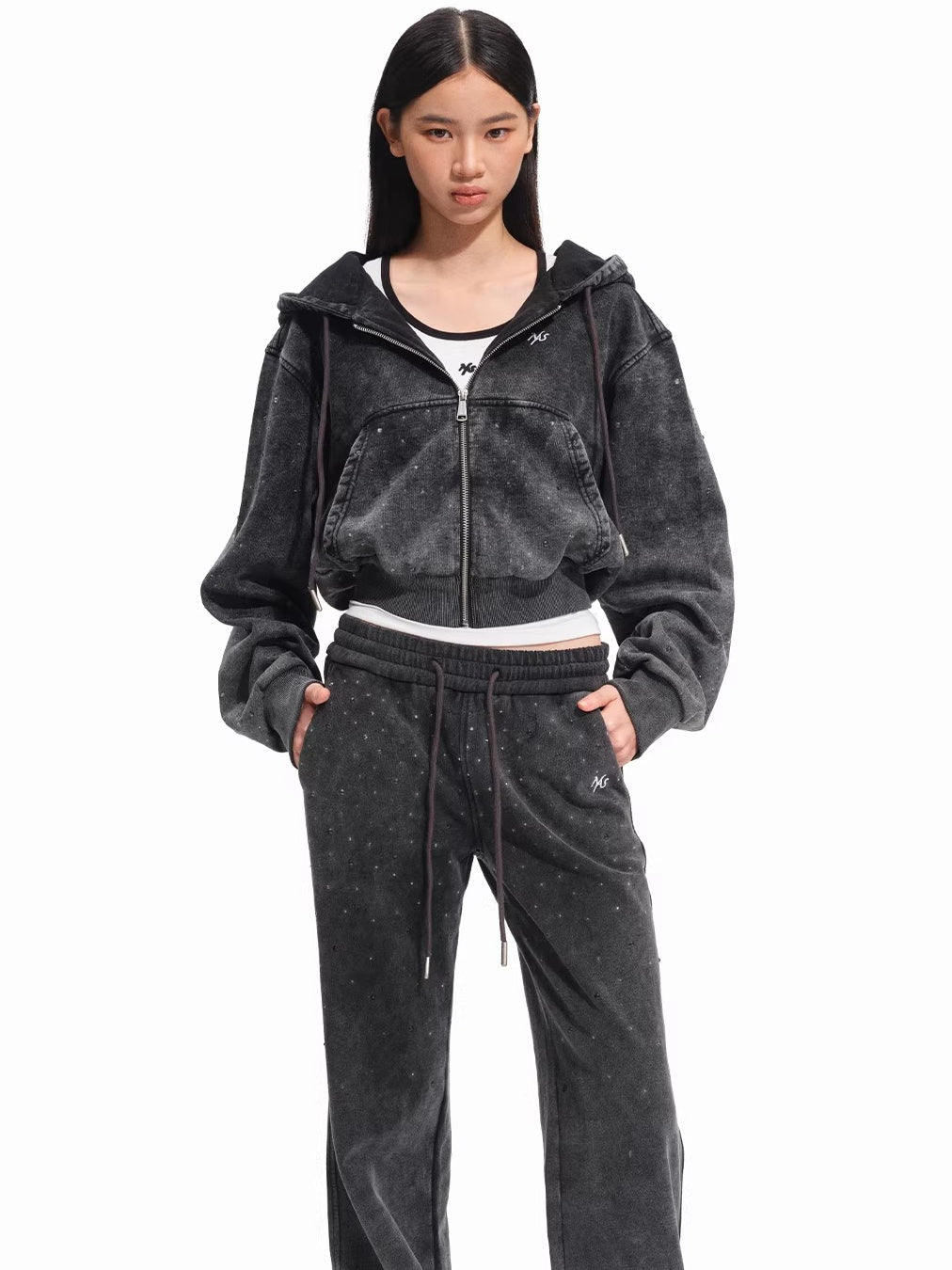 Embellished Washed Cotton Cropped Hoodie