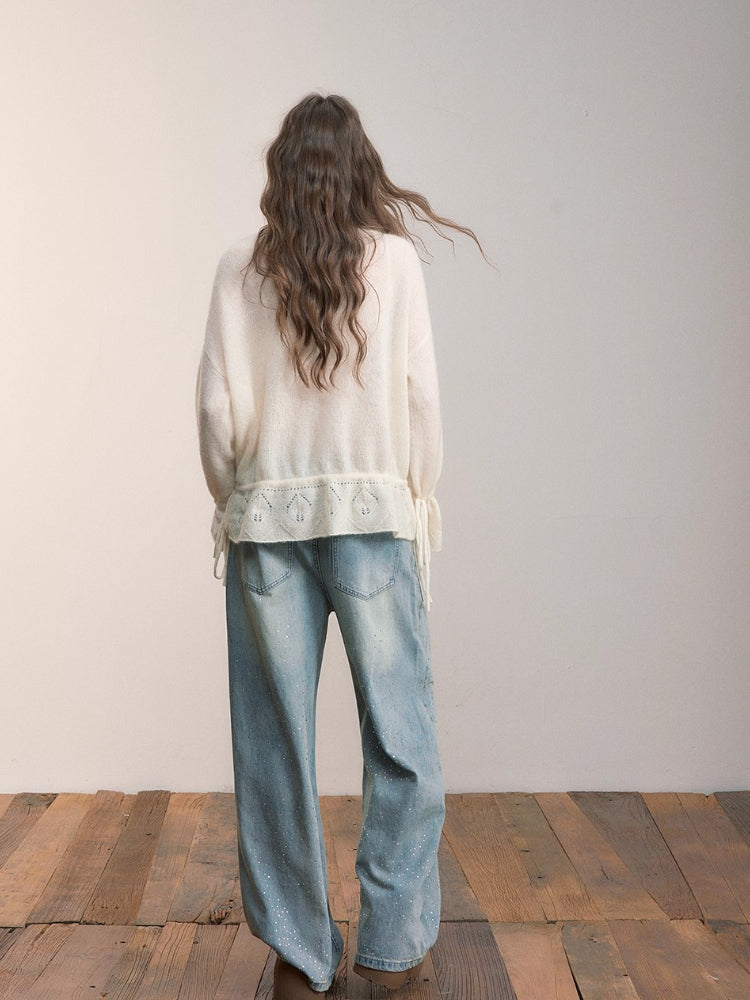 Drawstring Openwork Wool Knit Cardigan