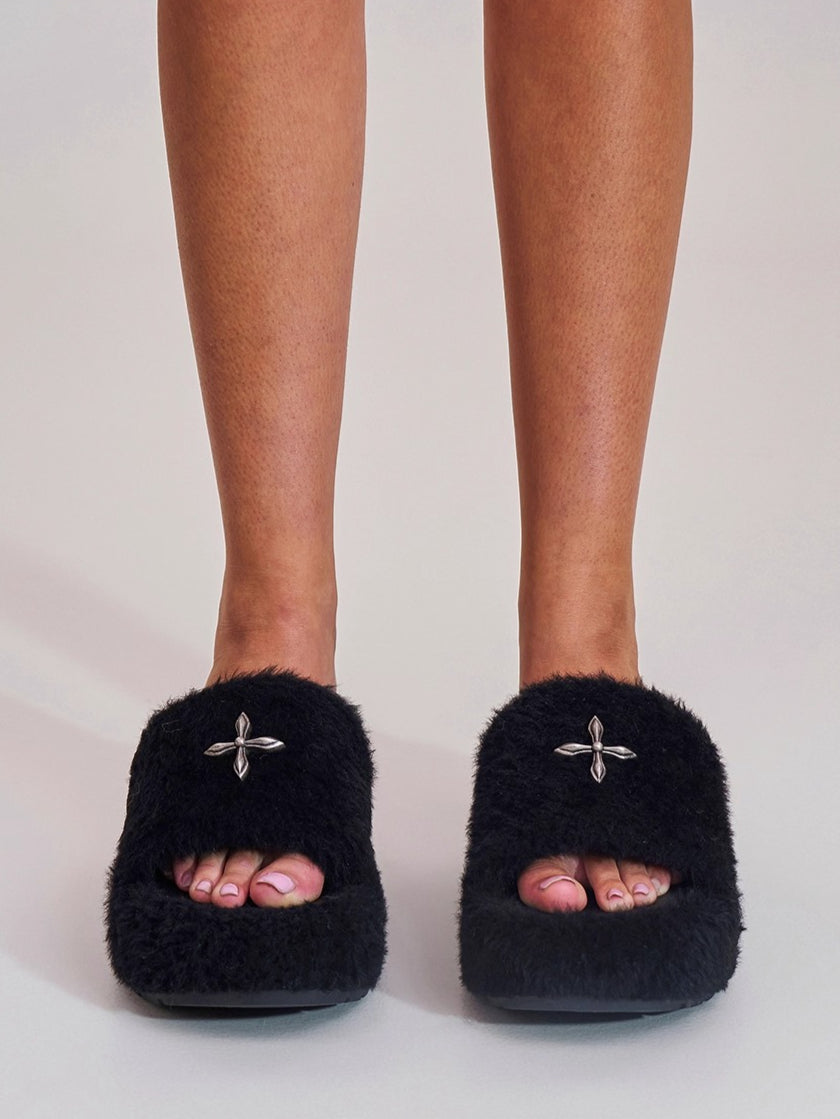 Cross Relic Shearling Heel Mules