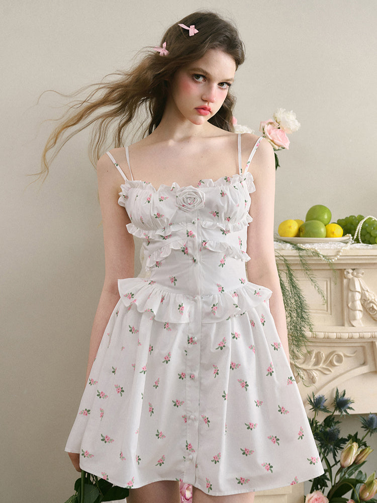 White Floral Ruffled Edge Dress - CHINASQUAD