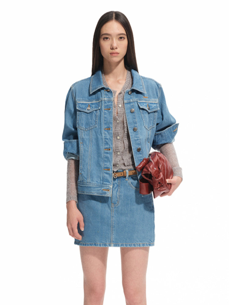 Modern Denim Regular-shoulder Structured Cropped Jacket - CHINASQUAD