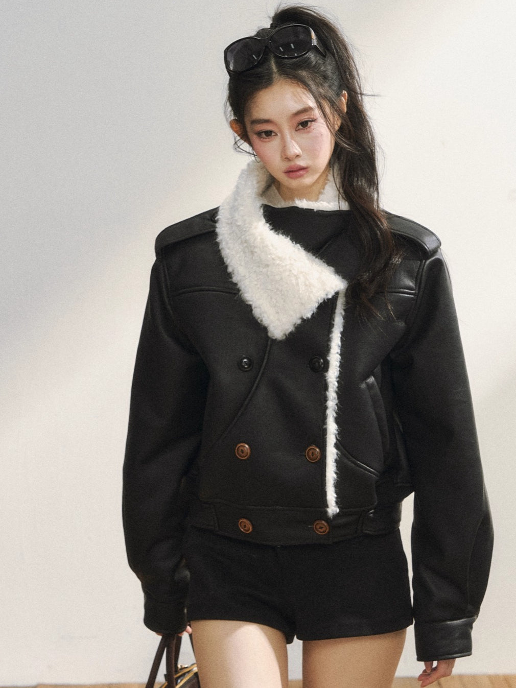Black Faux Shearling Double-Breasted Leather Jacket