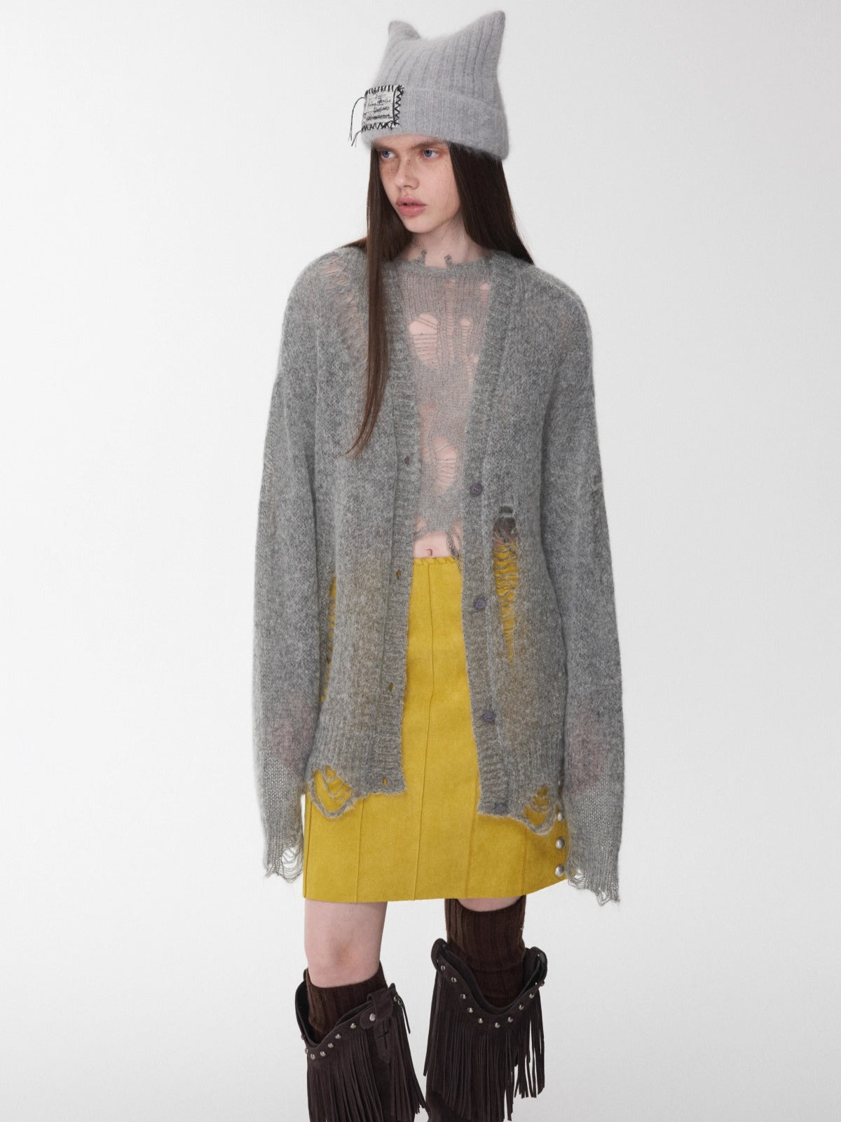 Mohair Star Cutout Slouchy Knit Cardigan