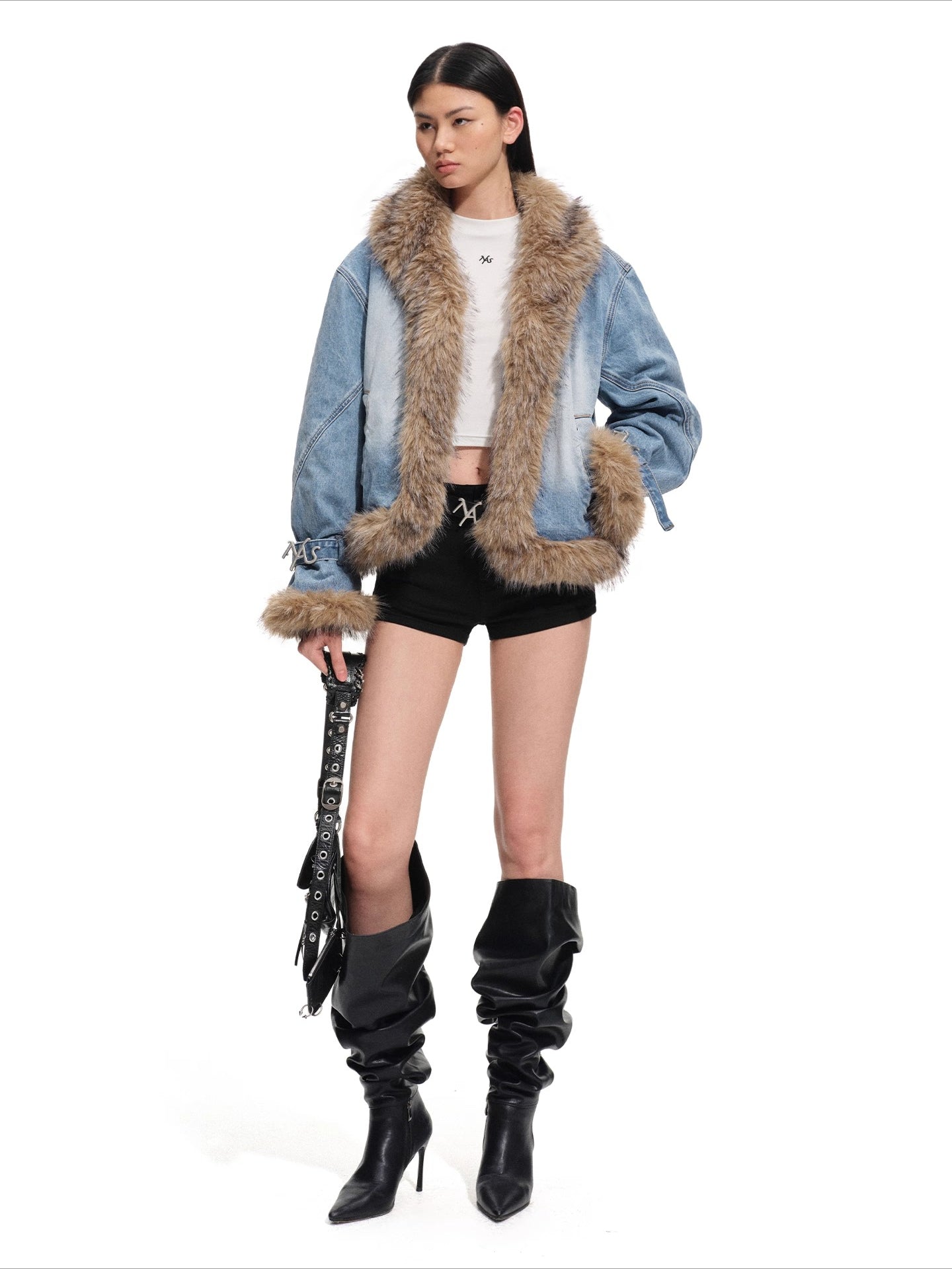 Faux-Fur Trim Washed Denim Jacket