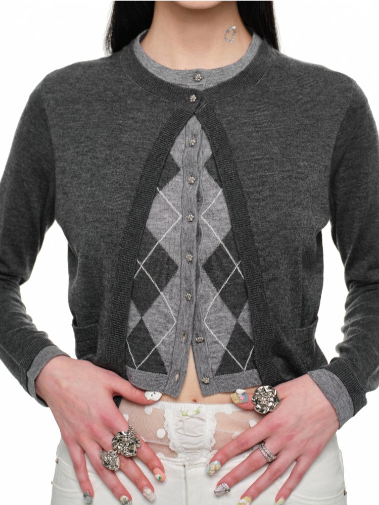 Diamond Pattern Fake Two-Piece Cardigan & Pant Set - CHINASQUAD