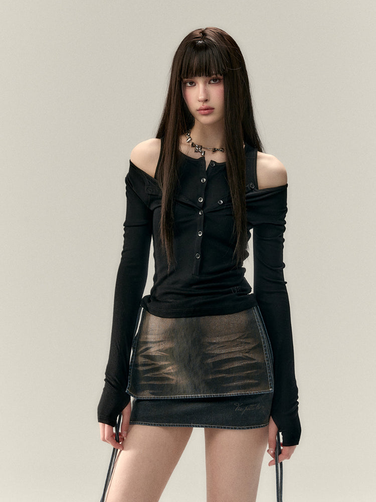 (Final Sale) Faux Two-Piece Tie Waist Denim Skirt - CHINASQUAD