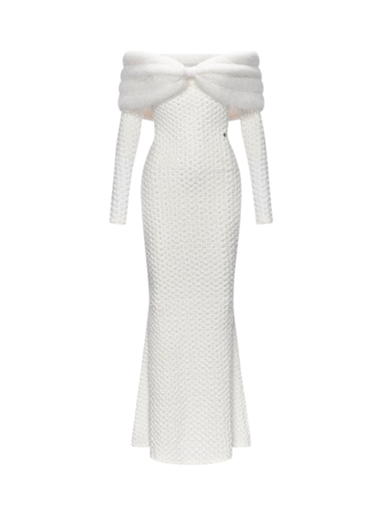 Off-Shoulder Fur Collar Feather Yarn Dress - CHINASQUAD