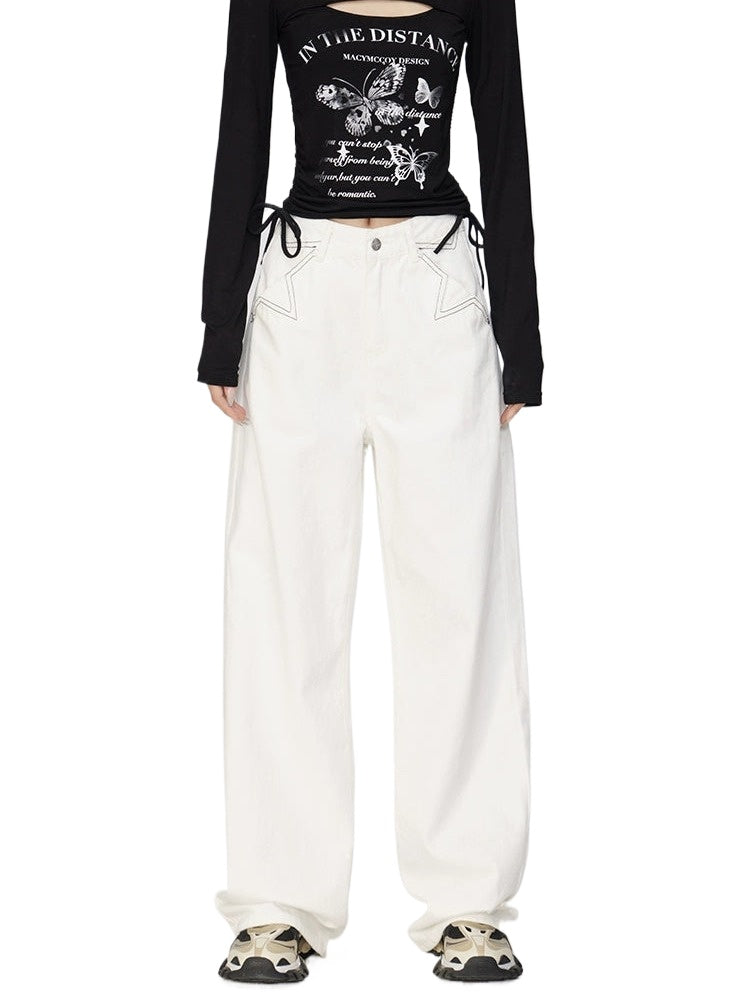 White Star Printed Wide-Leg Jeans - CHINASQUAD