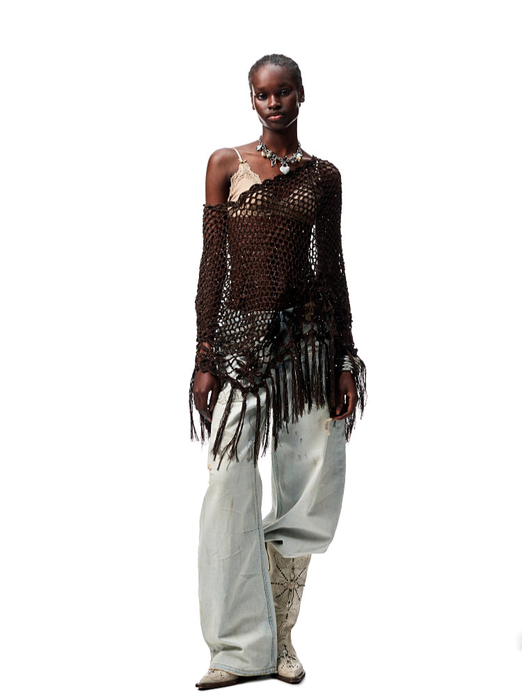 Hollow Out One-Piece Fringed Knit Shrug - CHINASQUAD