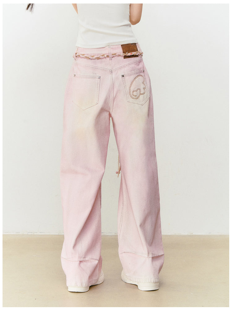 Pink Washed Distressed Jeans - CHINASQUAD