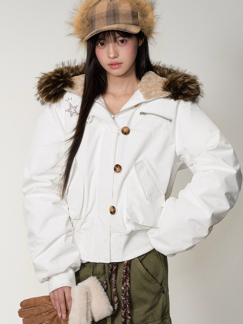 Studded Faux Fur Collar Bomber Down Jacket - CHINASQUAD