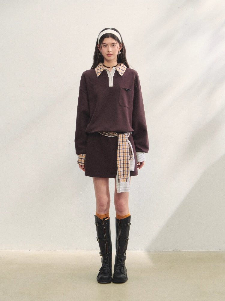 Fake Two-Piece Checkered Shirt Panel Sweatshirt - CHINASQUAD