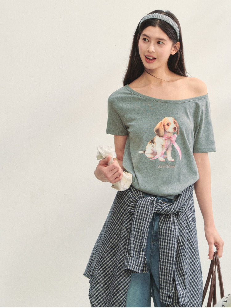 Asymmetric Shoulder Bow Puppy Printed T-Shirt - CHINASQUAD