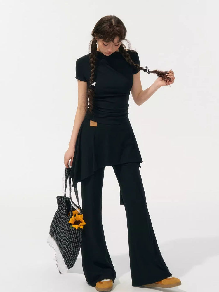 One Shoulder Irregular Slanted Pleat T-shirt & Pants Set - CHINASQUAD