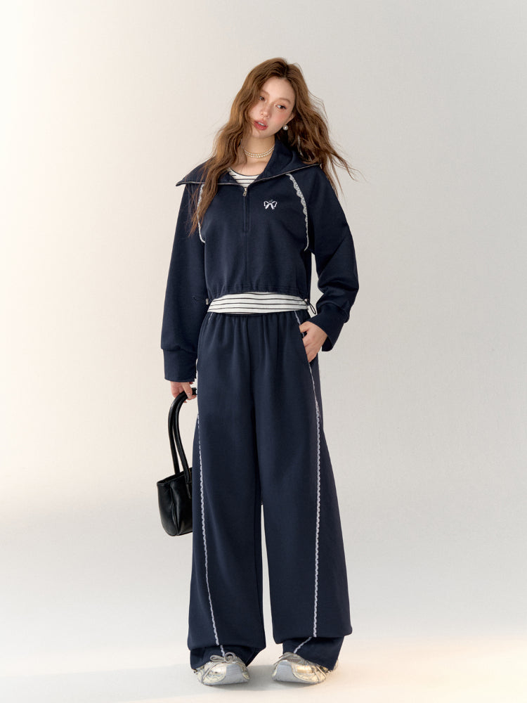 Lace-Trimmed Adjustable Cuffed Straight Leg Sweatpants - CHINASQUAD