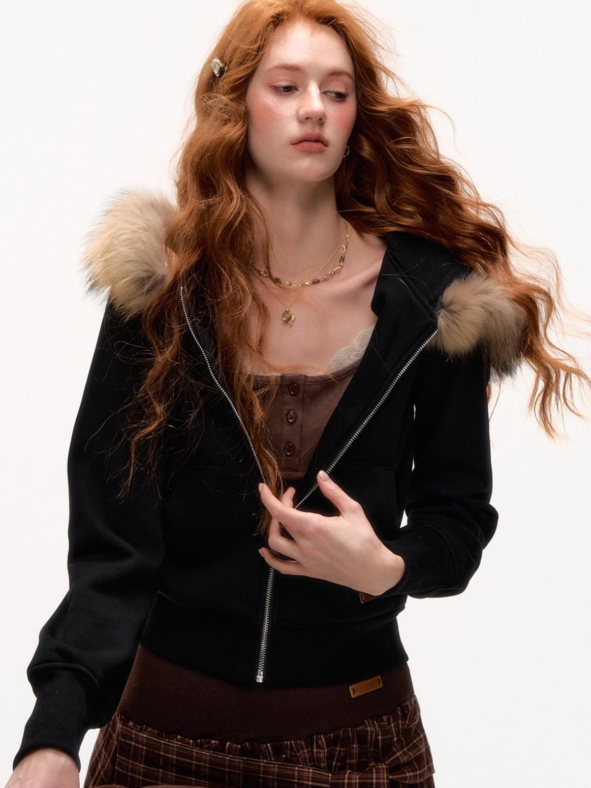 Vintage Faux Fur Collar Fitted Short Jacket - CHINASQUAD