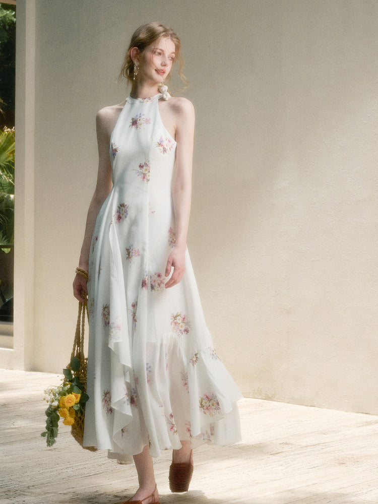 Halter Neck Printed Square Scarf Long Dress - CHINASQUAD