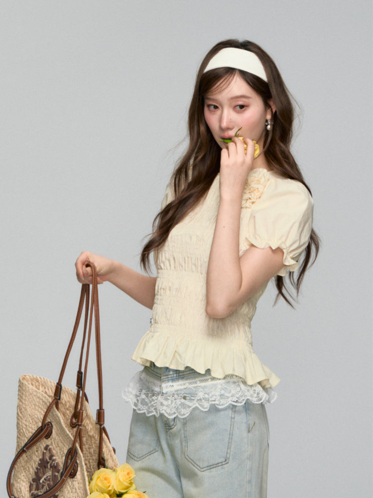 Three-Dimensional Flower Pleated Short-Sleeve Blouse - CHINASQUAD