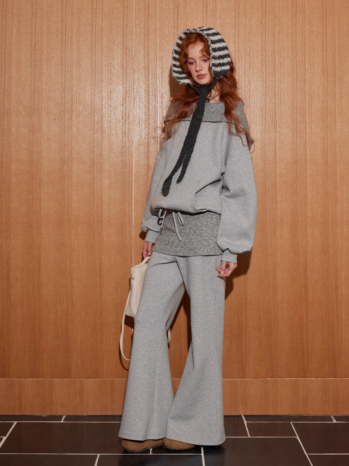 Grey Off-Shoulder Sweatshirt & Flared Pants Two-Piece Set