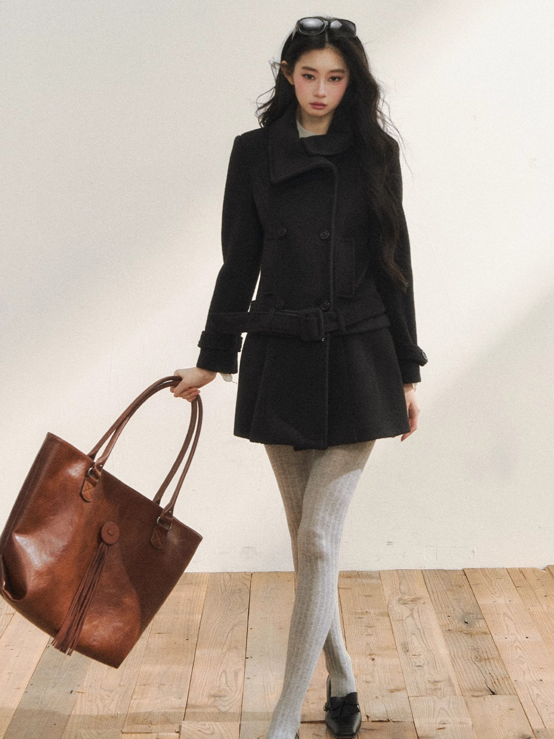 Black Wool-Blend Detachable Hem Double-Breasted Coat