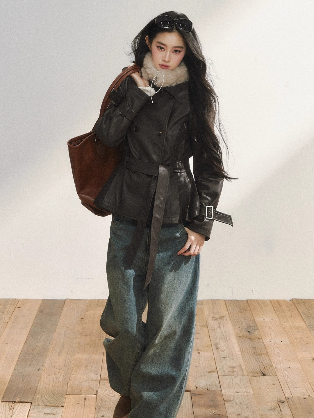 Vintage Brown Belted Faux Leather Wool Jacket