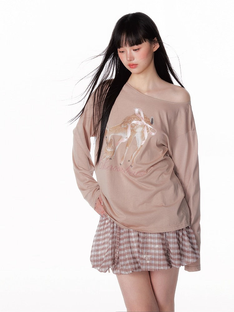 Asymmetric Deer Print Crystal-Embellished T-Shirt