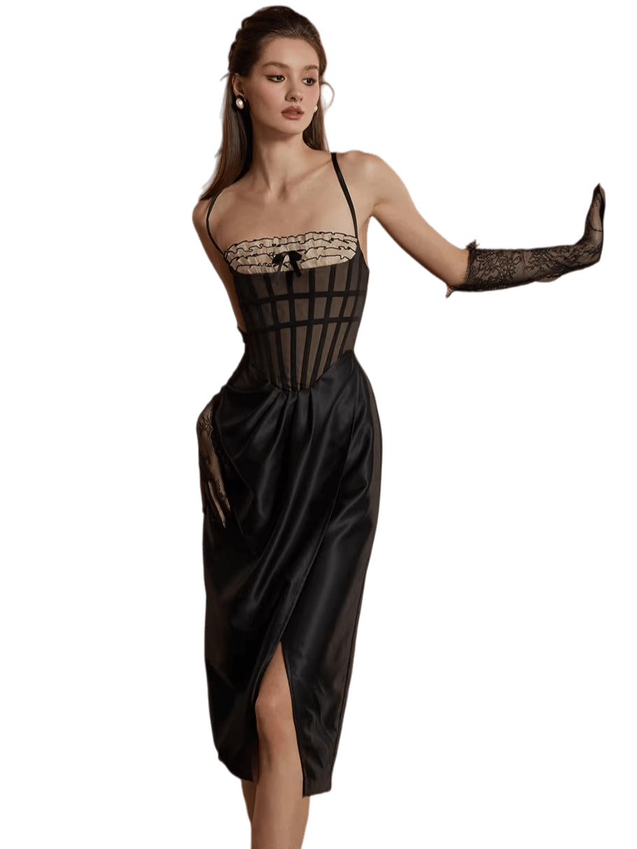 French Hepburn-Inspired Structured Ruffle Corset Dress Black (Pre-sale) / L