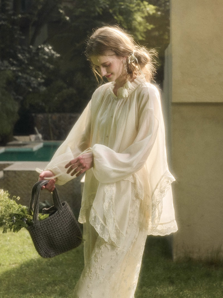 Lace Round Neck Trimmed Shirt - CHINASQUAD