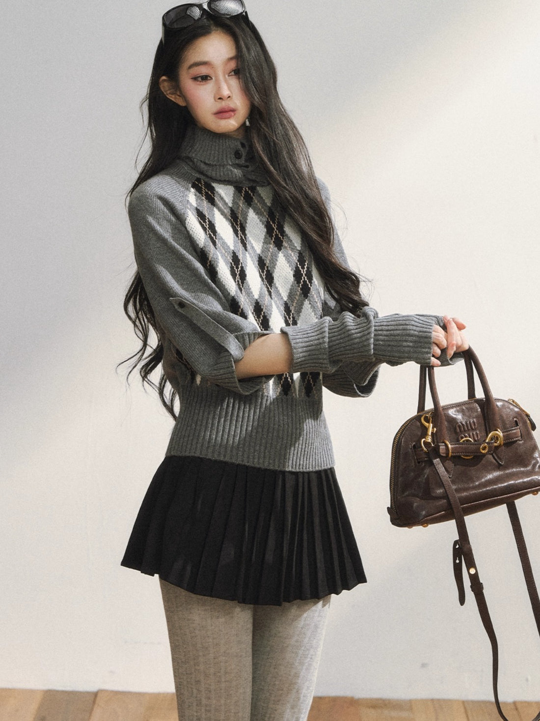 Vintage Argyle Knit Turtleneck Sweater & Skirt Set