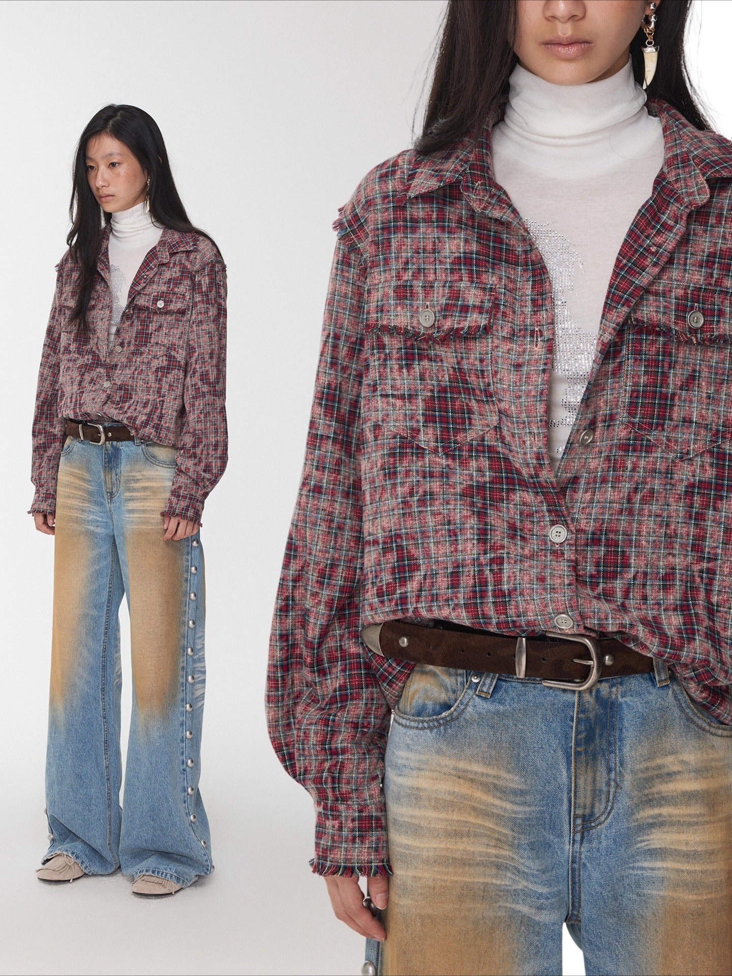 Washed Plaid Frayed-Edge Fitted Shirt