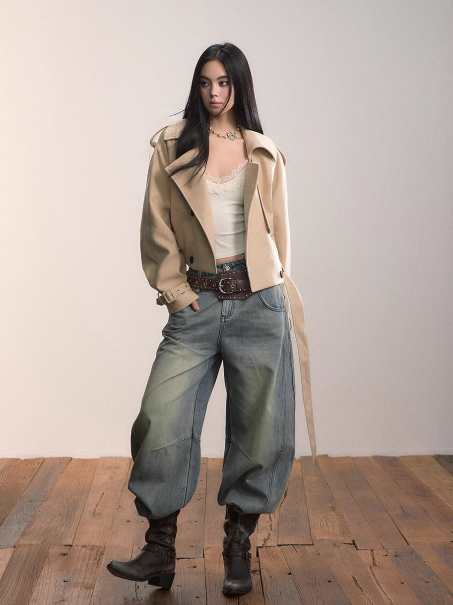 Lapel Collar Belted Cropped Trench Jacket - CHINASQUAD