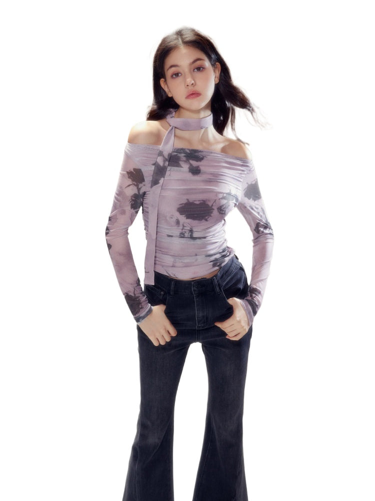 Purple Rose Printed Mesh Long Sleeve T-shirt - CHINASQUAD