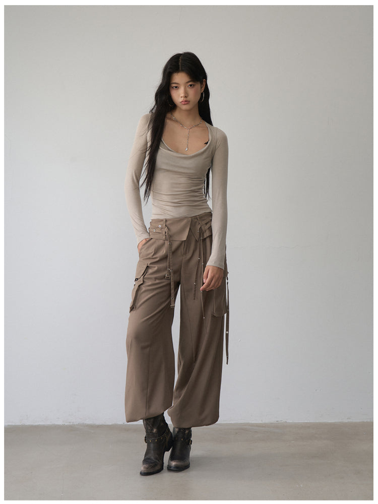 Folded Waist Three-Dimensional Pocket Casual Pants - CHINASQUAD