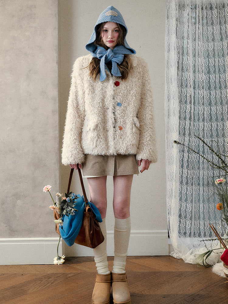 Cream Strawberry Gray-Blue Fur Jacket - CHINASQUAD