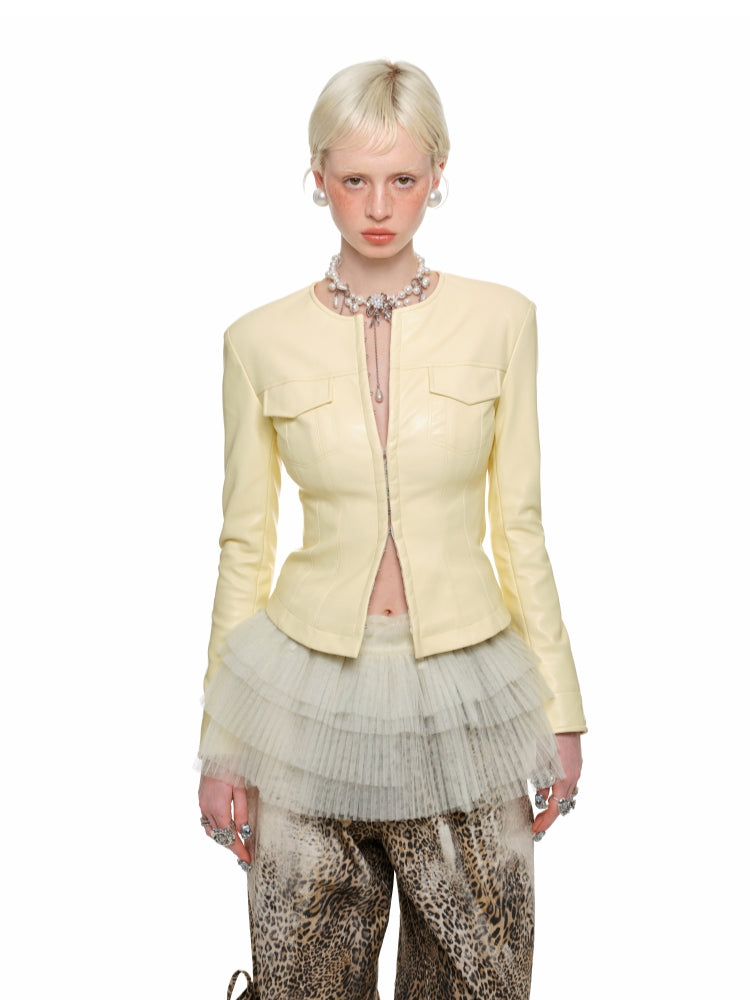 Round Neck Short Leather Jacket - CHINASQUAD