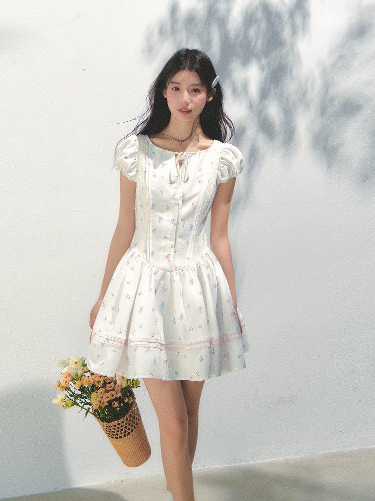 Puff Sleeve Printed Waist - cinching Dress - CHINASQUAD