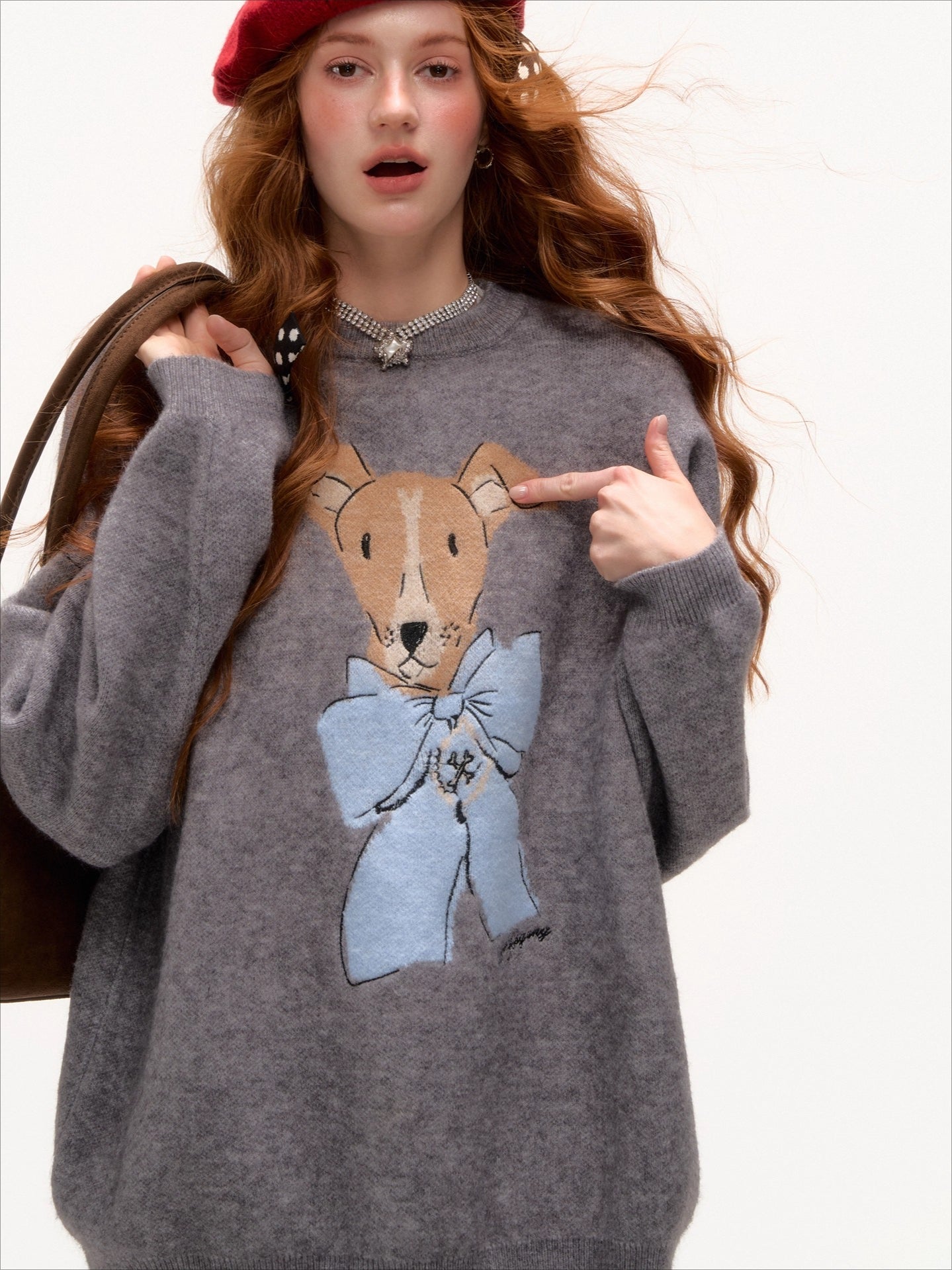 Bow-Knot Puppy Jacquard Pullover Crewneck - CHINASQUAD