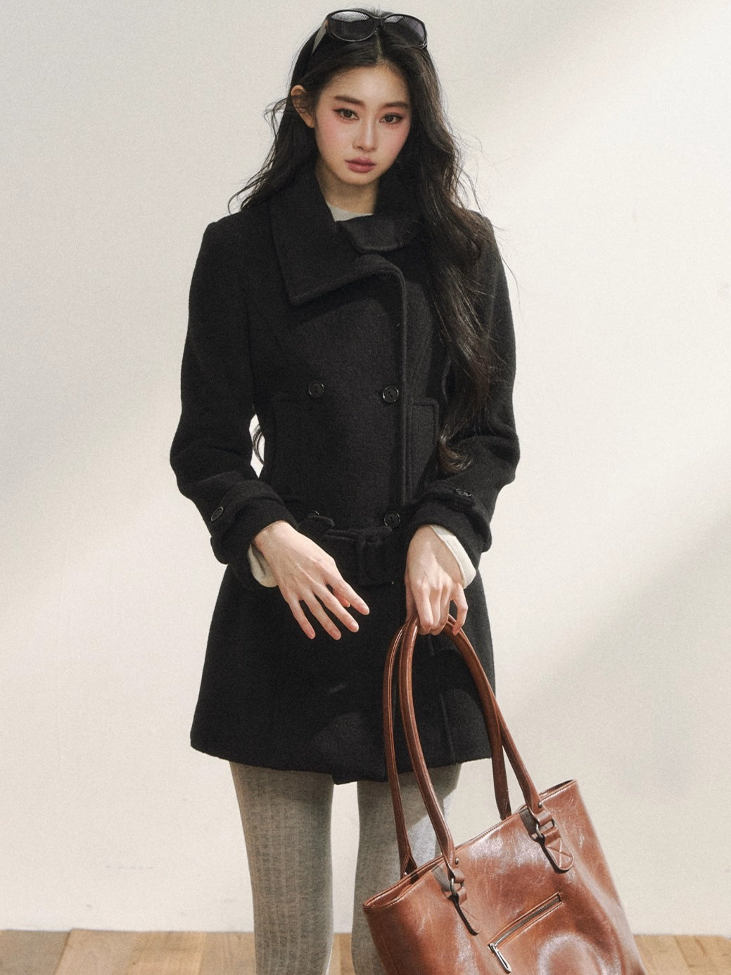 Black Wool-Blend Detachable Hem Double-Breasted Coat