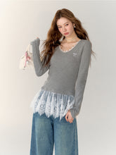 Lace-Trimmed Gray V-Neck Long Sleeve Top - CHINASQUAD
